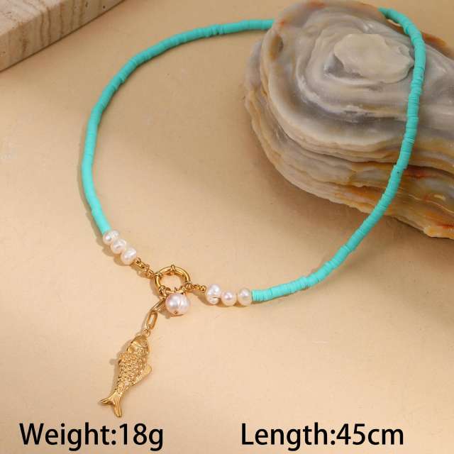 Summer holiday blue clay bead stainless steel pendant necklace
