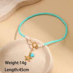 Summer holiday blue clay bead stainless steel pendant necklace