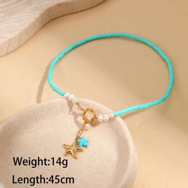 Summer holiday blue clay bead stainless steel pendant necklace