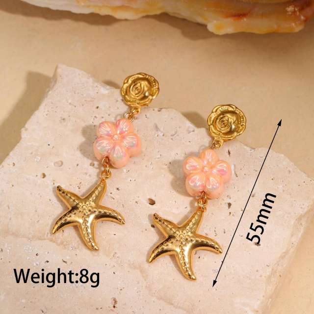 Korean fashion colorful bead flower starfish turtle shell stainless steel earrings