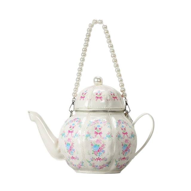 Sweet Girl Vintage Lolita Pearl Chain Printed Teapot Handbag