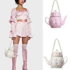 Sweet Girl Vintage Lolita Pearl Chain Printed Teapot Handbag