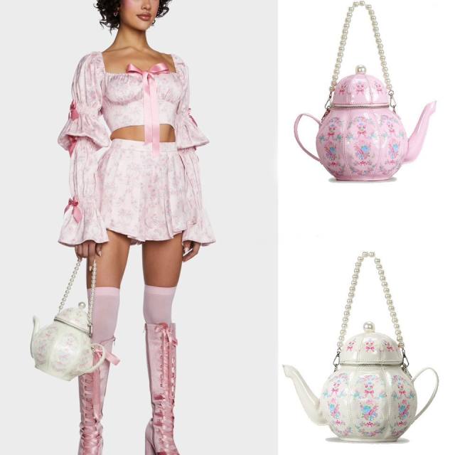 Sweet Girl Vintage Lolita Pearl Chain Printed Teapot Handbag