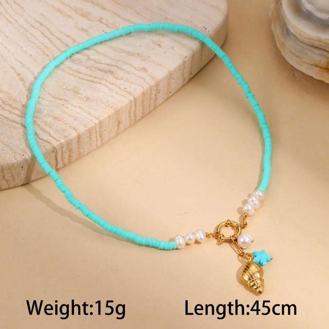 Summer holiday blue clay bead stainless steel pendant necklace