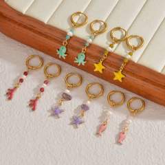 Fashion color enamel ocean animal starfish stainless steel earrings