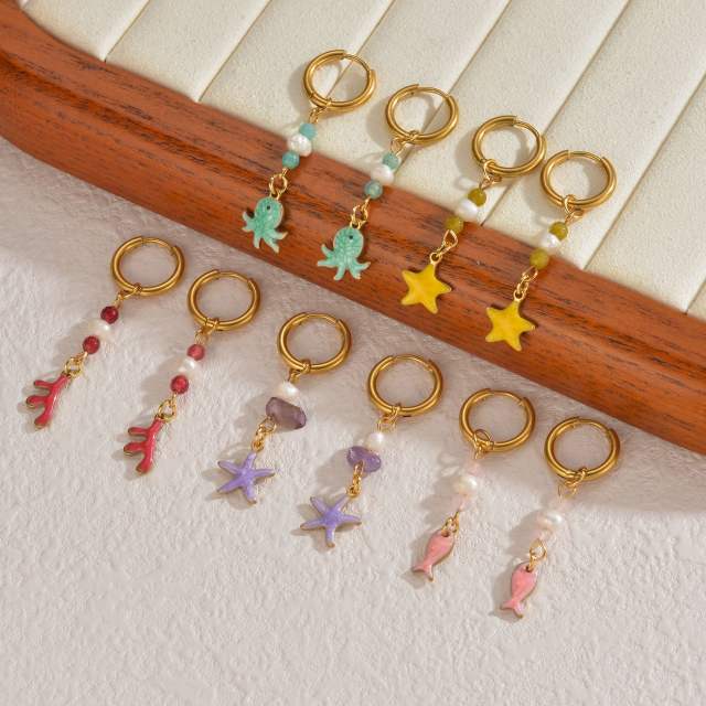 Fashion color enamel ocean animal starfish stainless steel earrings