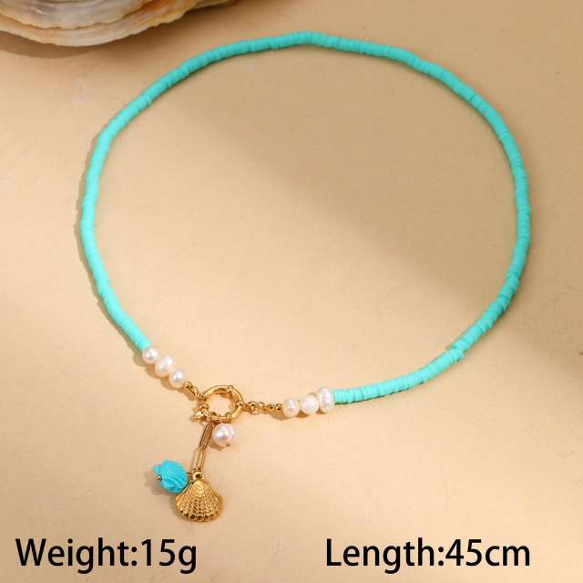 Summer holiday blue clay bead stainless steel pendant necklace
