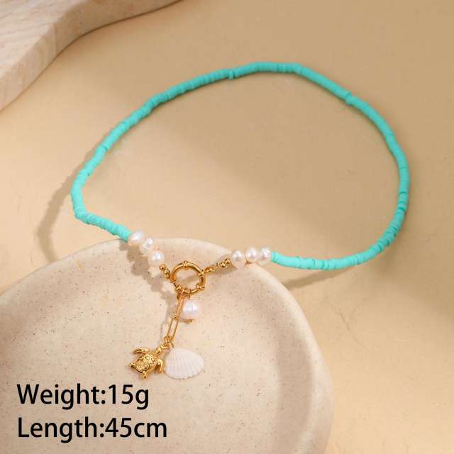 Summer holiday blue clay bead stainless steel pendant necklace