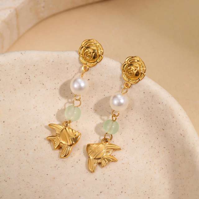Korean fashion colorful bead flower starfish turtle shell stainless steel earrings