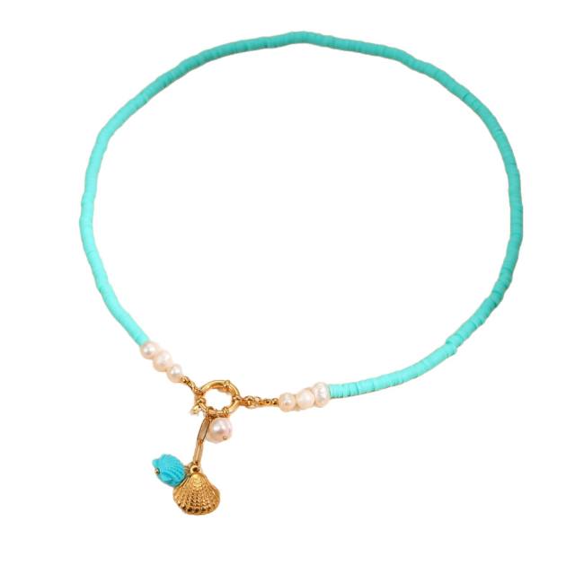 Summer holiday blue clay bead stainless steel pendant necklace