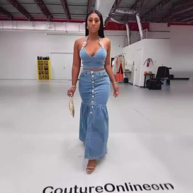 Suspenders Low-Cut Denim Suit Button Long Skirt Suit Wholesale