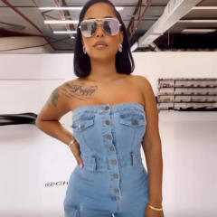 New Tube Top Multi-Pocket Workwear Jeans Jumpsuit