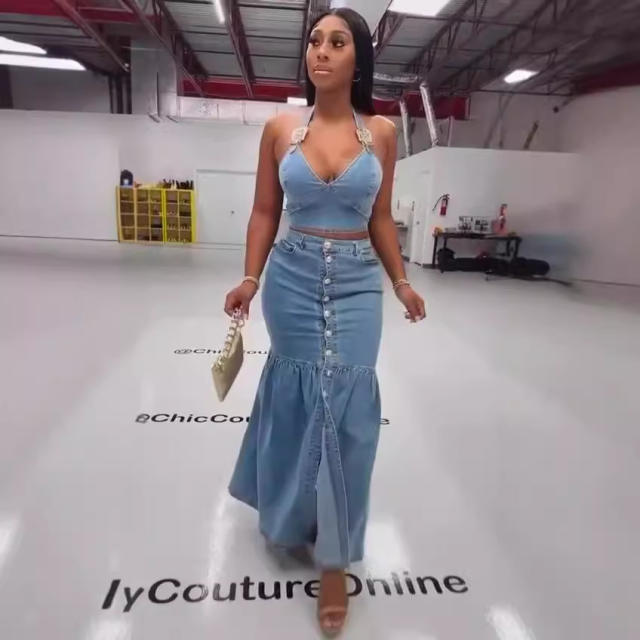 Suspenders Low-Cut Denim Suit Button Long Skirt Suit Wholesale