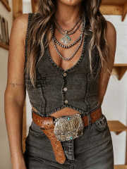 Personalized Sexy Ladies Sleeveless Single-Breasted V-Neck Top Denim Vest