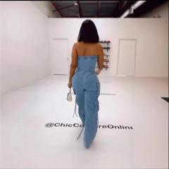 New Tube Top Multi-Pocket Workwear Jeans Jumpsuit