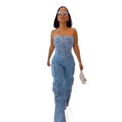 New Tube Top Multi-Pocket Workwear Jeans Jumpsuit