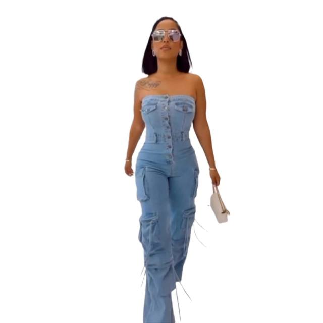New Tube Top Multi-Pocket Workwear Jeans Jumpsuit