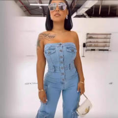 New Tube Top Multi-Pocket Workwear Jeans Jumpsuit