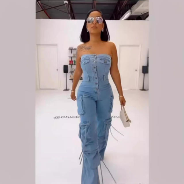 New Tube Top Multi-Pocket Workwear Jeans Jumpsuit