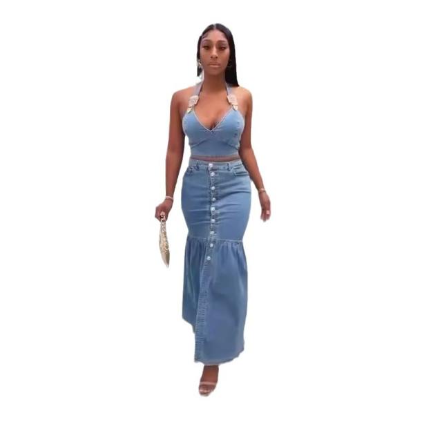 Suspenders Low-Cut Denim Suit Button Long Skirt Suit Wholesale
