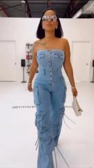 New Tube Top Multi-Pocket Workwear Jeans Jumpsuit