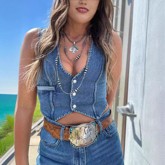 Personalized Sexy Ladies Sleeveless Single-Breasted V-Neck Top Denim Vest