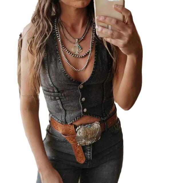 Personalized Sexy Ladies Sleeveless Single-Breasted V-Neck Top Denim Vest