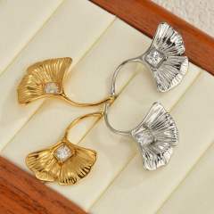 Simple ginkgo leaf earrings women stainless steel inlaid zircon earrings