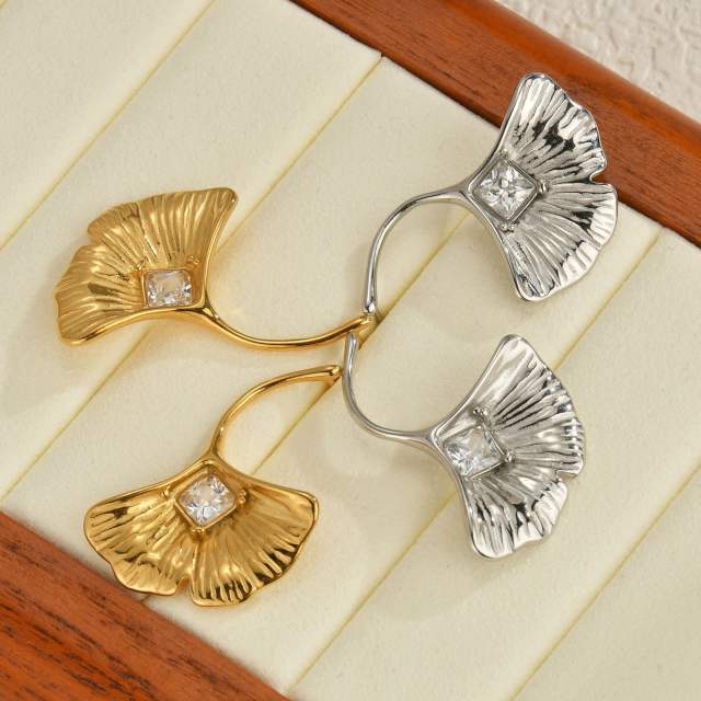 Simple ginkgo leaf earrings women stainless steel inlaid zircon earrings