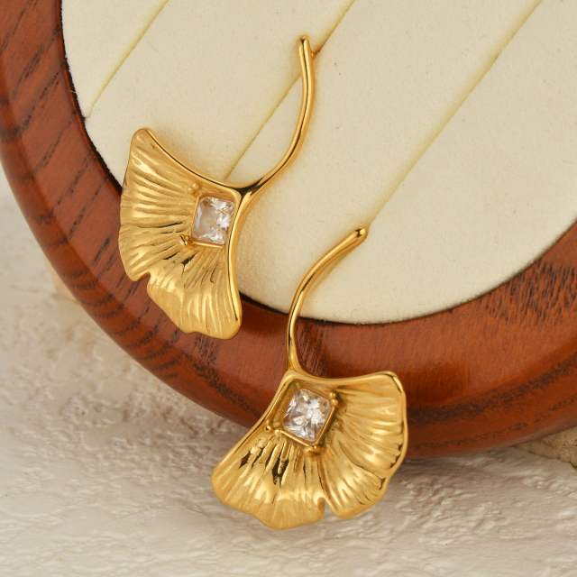 Simple ginkgo leaf earrings women stainless steel inlaid zircon earrings