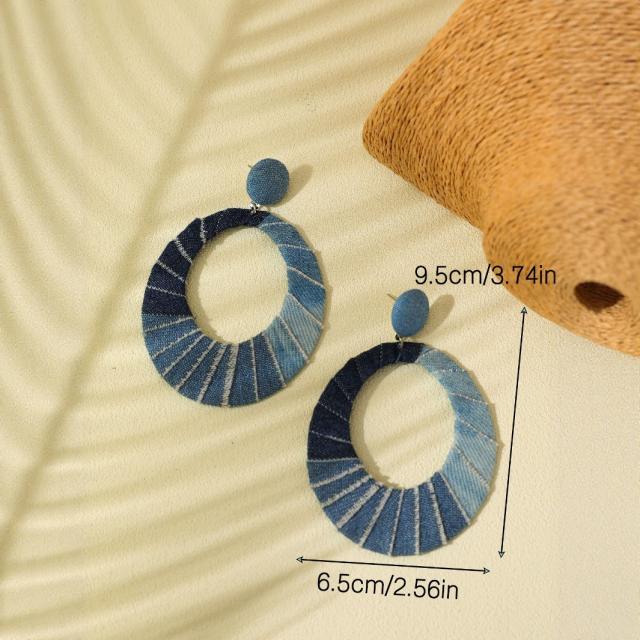 Bohemian Retro Stitching Blue Denim Oval Earrings dangle earrings