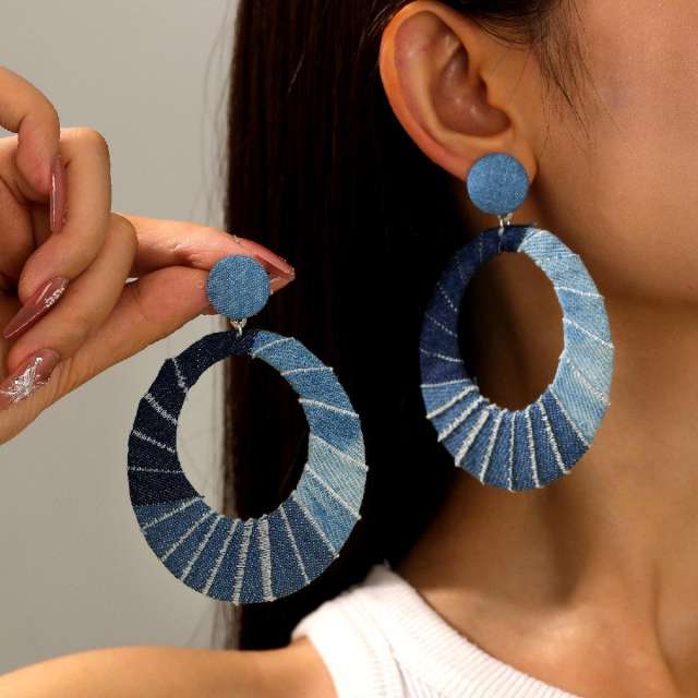 Bohemian Retro Stitching Blue Denim Oval Earrings dangle earrings