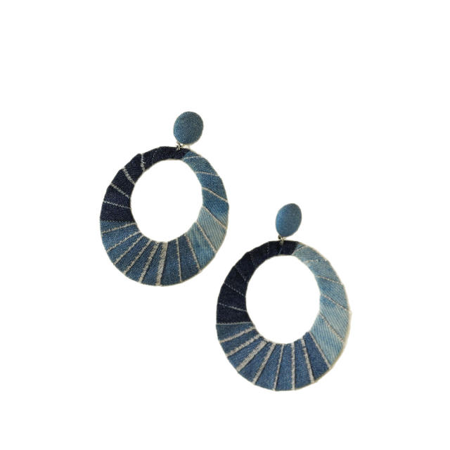 Bohemian Retro Stitching Blue Denim Oval Earrings dangle earrings