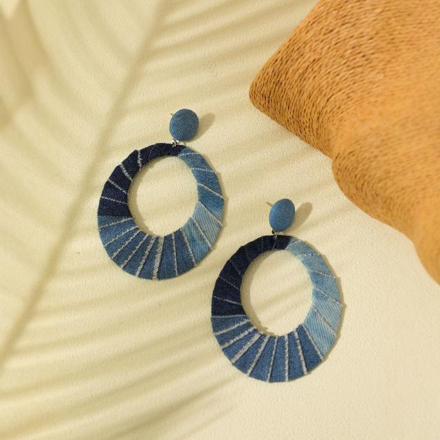 Bohemian Retro Stitching Blue Denim Oval Earrings dangle earrings