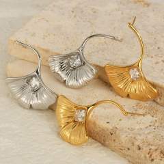 Simple ginkgo leaf earrings women stainless steel inlaid zircon earrings