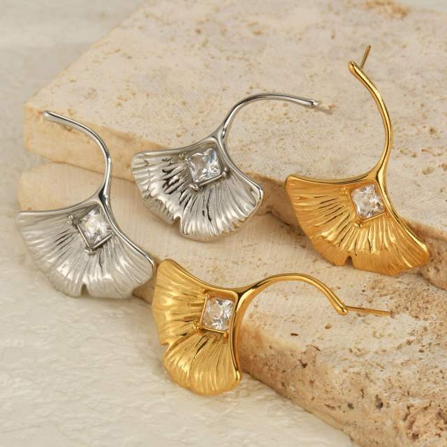 Simple ginkgo leaf earrings women stainless steel inlaid zircon earrings