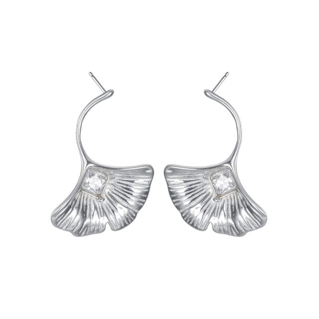Simple ginkgo leaf earrings women stainless steel inlaid zircon earrings