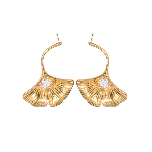 Simple ginkgo leaf earrings women stainless steel inlaid zircon earrings