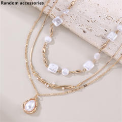 Simple Asymmetrical Geometric Round Square Inlaid Pearl Chain Multi-Layered Necklace for Women