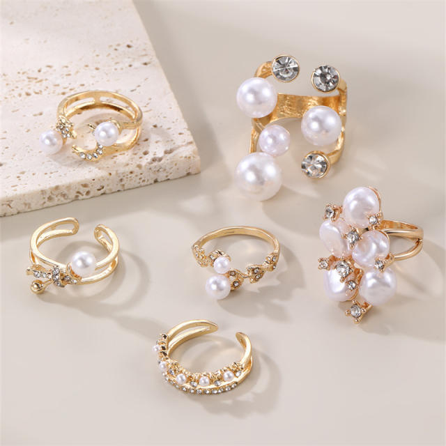 Fashion Design Pearl Diamond Leaf Open Rings zinc alloy rings