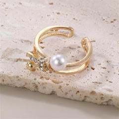 Fashion Design Pearl Diamond Leaf Open Rings zinc alloy rings