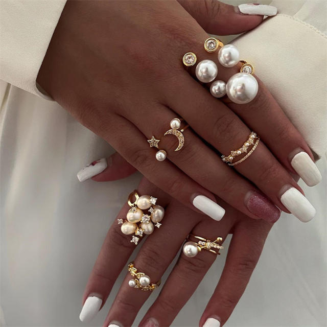 Fashion Design Pearl Diamond Leaf Open Rings zinc alloy rings