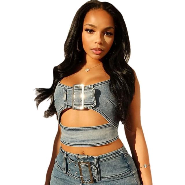 Fashion adjustable buckle stretch casual Denim suit two-piece women's clothing