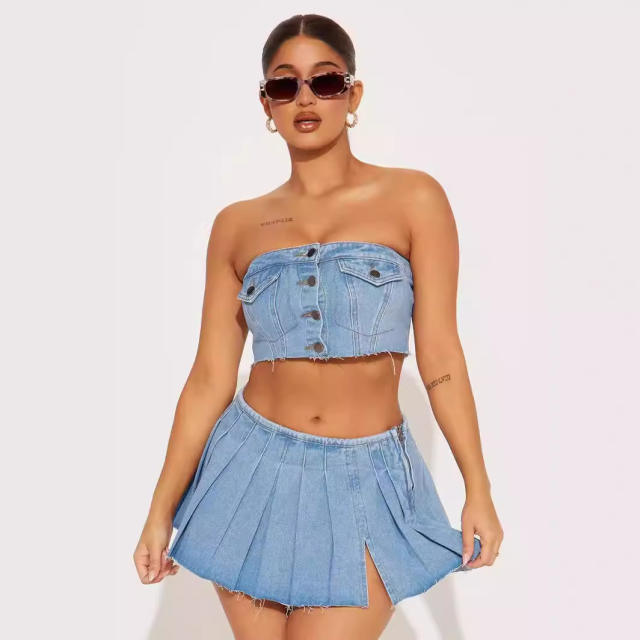Fashion street trend elastic wrap chest button Denim split skirt suit