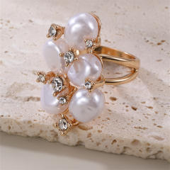 Fashion Design Pearl Diamond Leaf Open Rings zinc alloy rings