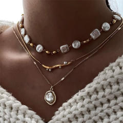 Simple Asymmetrical Geometric Round Square Inlaid Pearl Chain Multi-Layered Necklace for Women