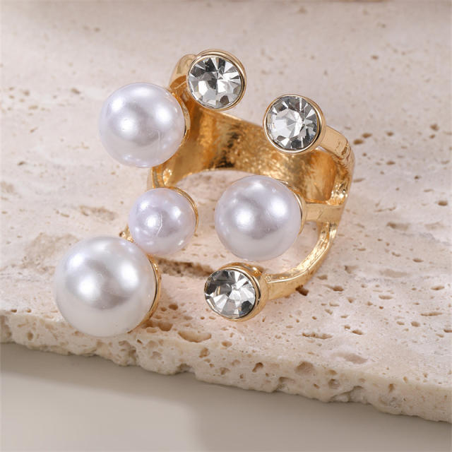 Fashion Design Pearl Diamond Leaf Open Rings zinc alloy rings