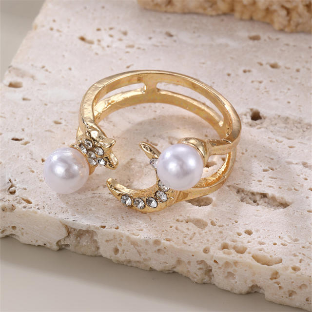 Fashion Design Pearl Diamond Leaf Open Rings zinc alloy rings