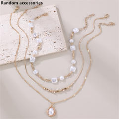 Simple Asymmetrical Geometric Round Square Inlaid Pearl Chain Multi-Layered Necklace for Women