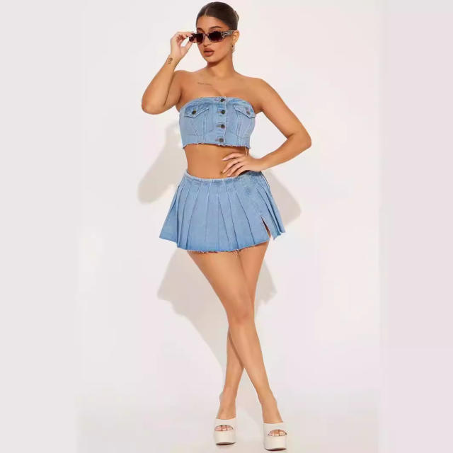 Fashion street trend elastic wrap chest button Denim split skirt suit